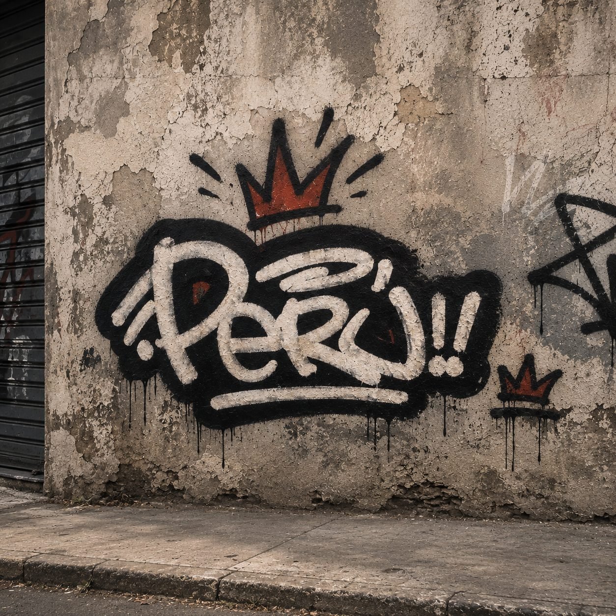 Perú graffiti tag with a crown, spray painted on a weathered wall in Callao