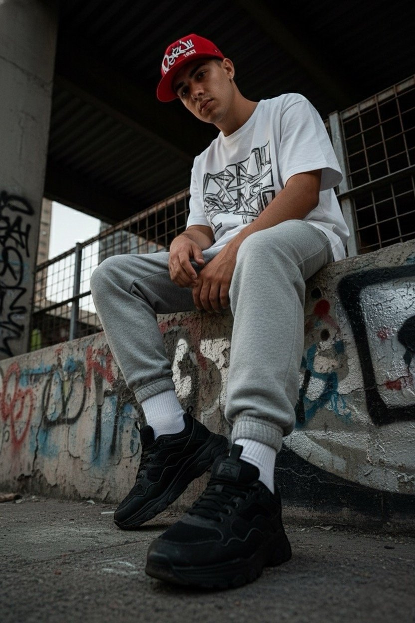 Model in a red Perú snapback sitting on a graffiti wall under a bridge