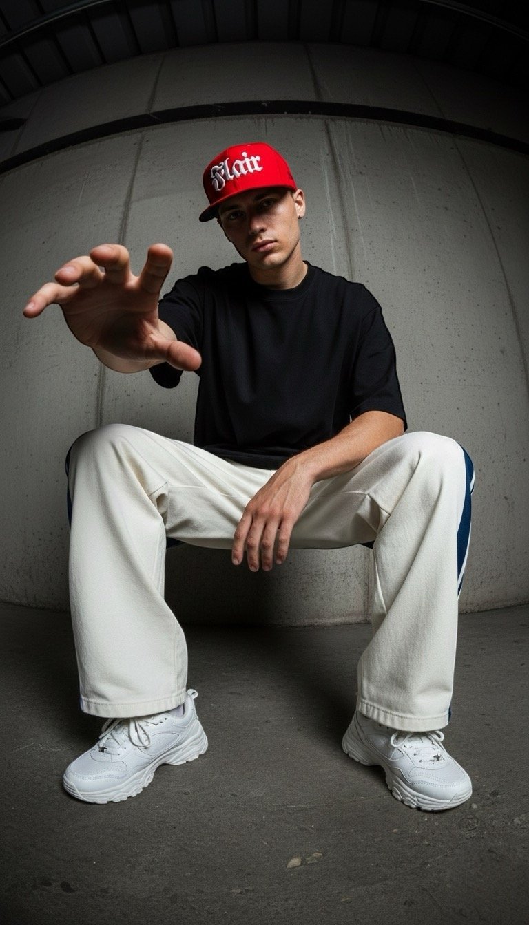 Model in a red Peruvian Flair snapback crouching against a concrete wall