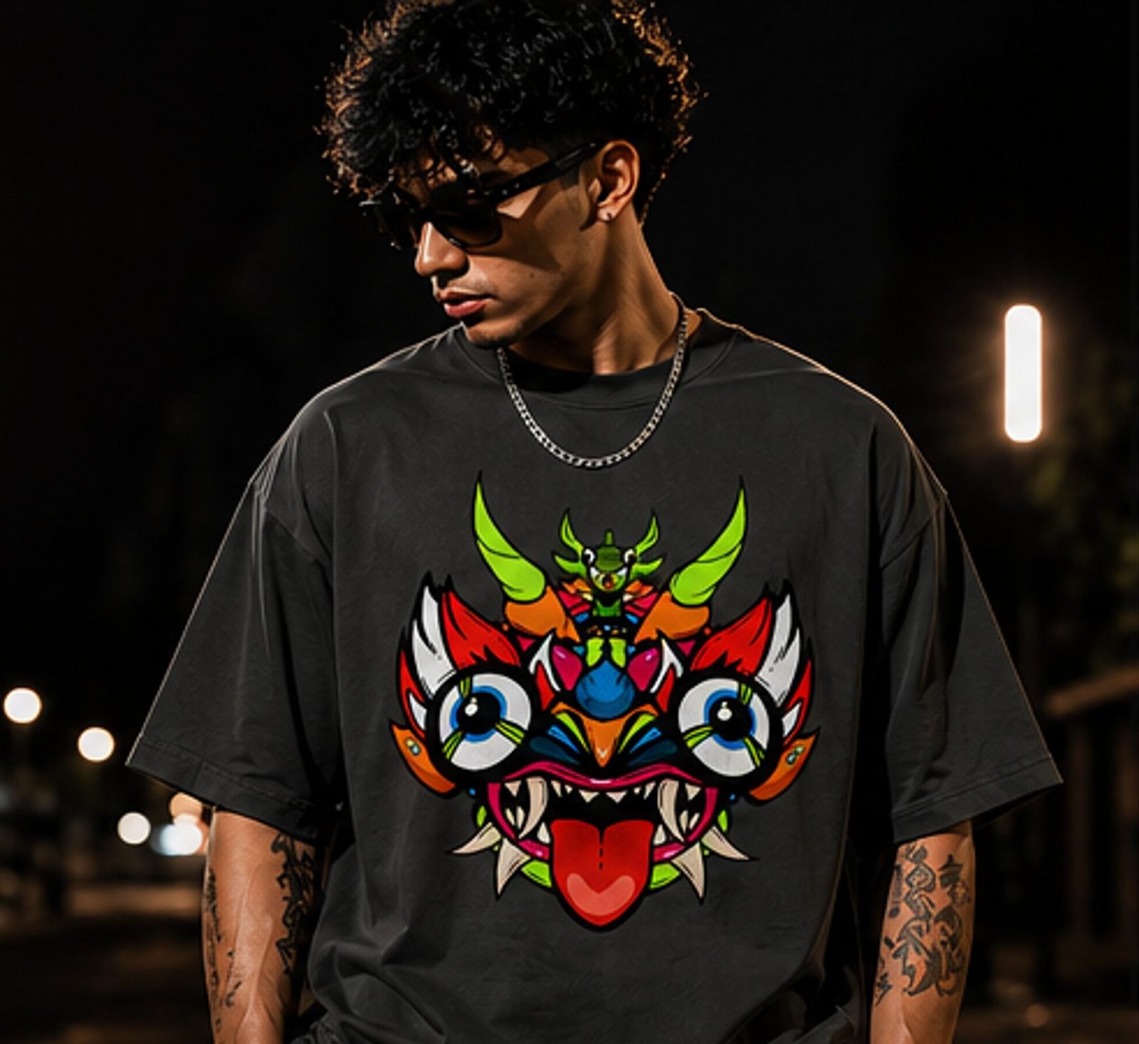 Model wearing an oversized Diablada tee at night