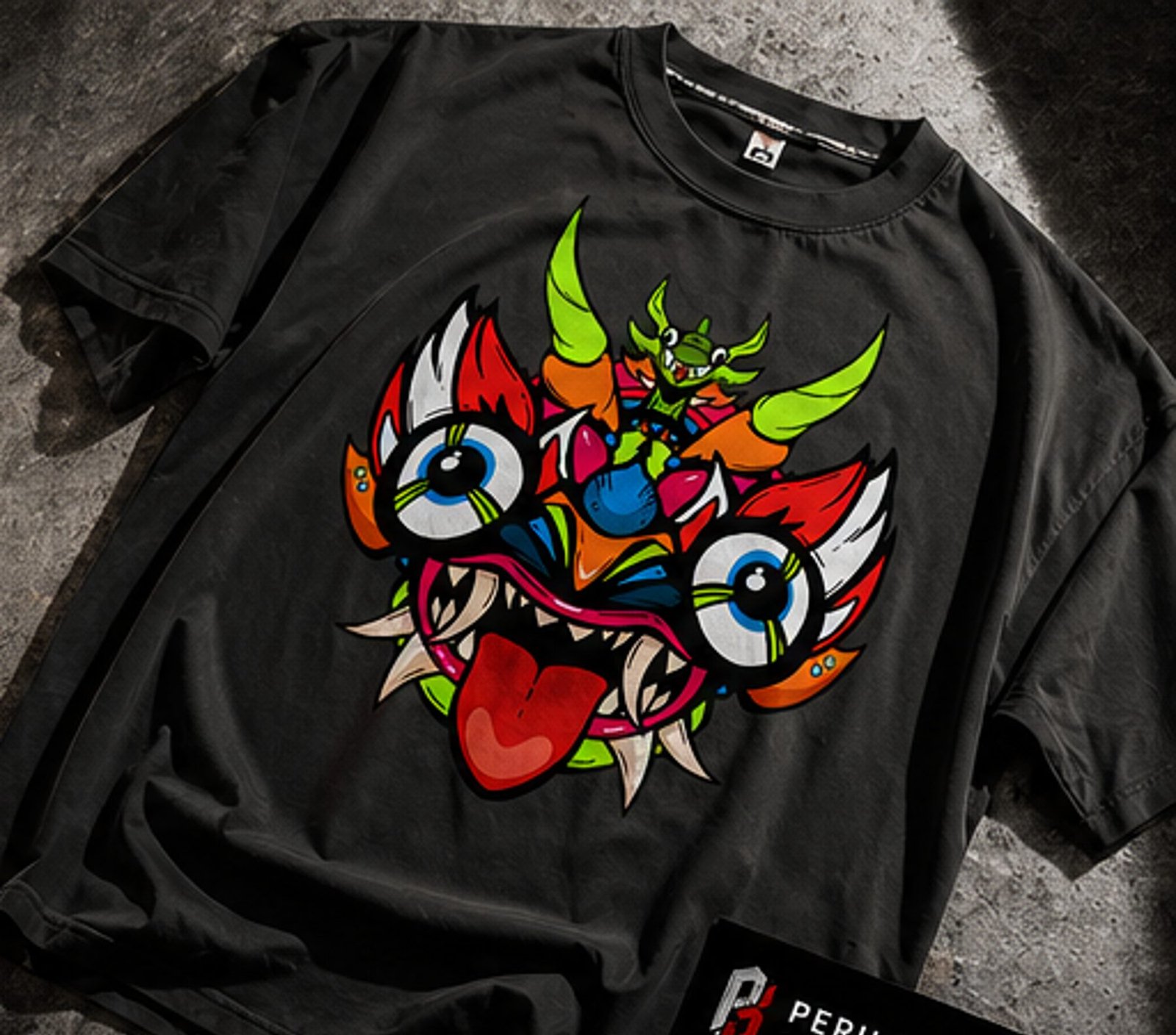 Folded oversized black tee with the Diablada mask print