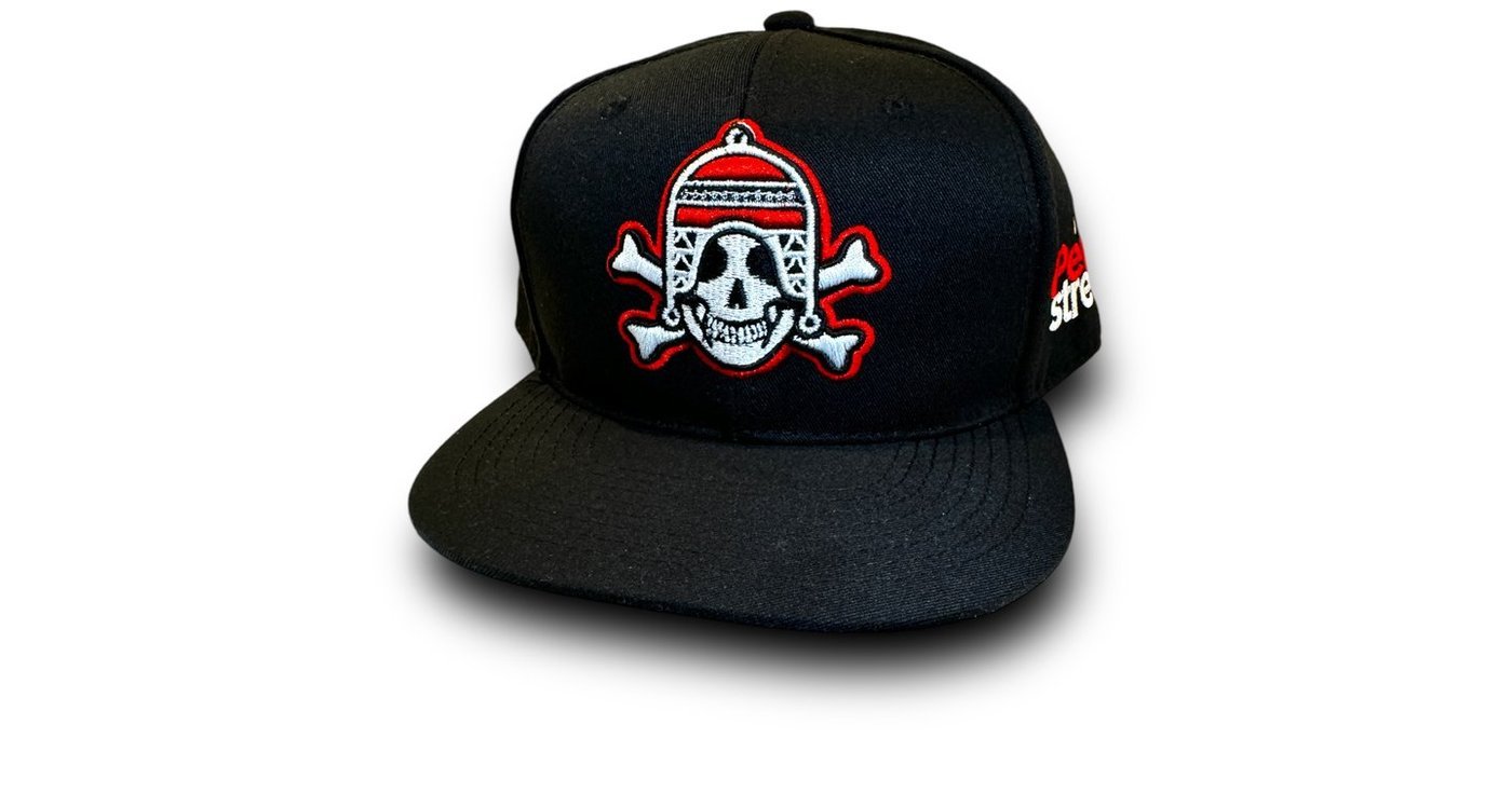 Black snapback with Andean skull graphic, black and red
