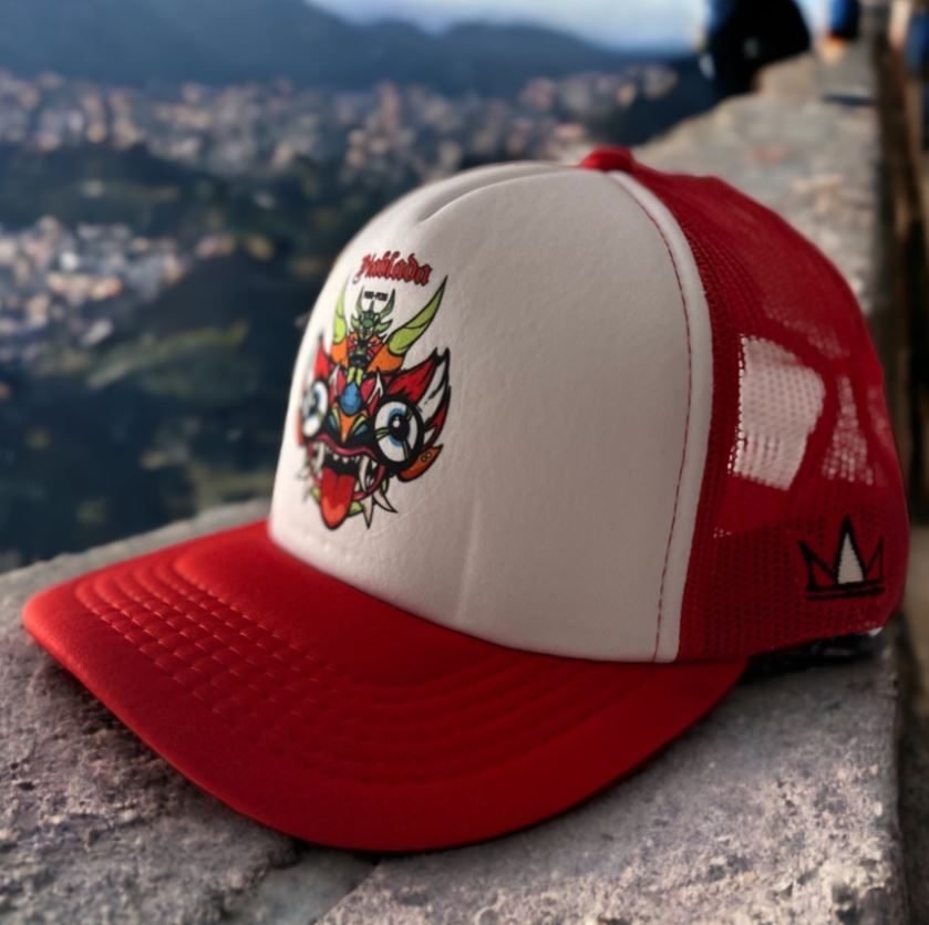 White and red trucker cap with Diablada mask patch