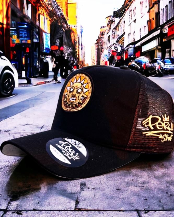 Black trucker cap with gold Inti sun patch