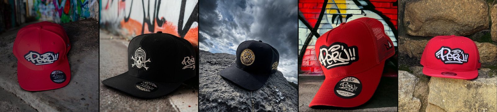 Cinco gorras snapback y trucker de Peru Street: parche rojo Perú, calavera, sol Inti, trucker rojo y snapback roja